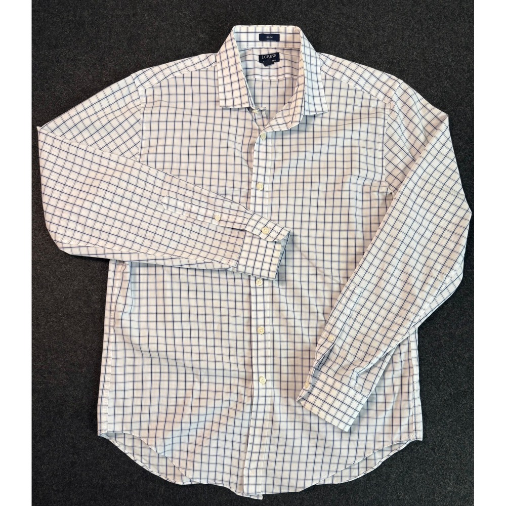 J.Crew Mens Large Slim Fit Performance Button Up Shirt Blue White Grid Medium